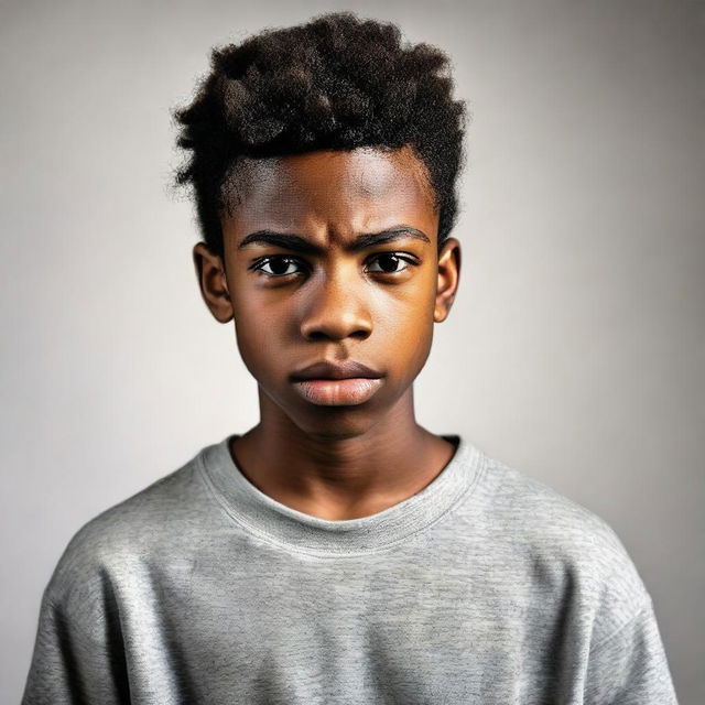 A portrait of a handsome black teenage boy displaying an expression of anger.