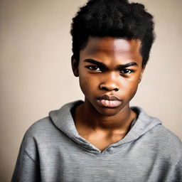 A portrait of a handsome black teenage boy displaying an expression of anger.