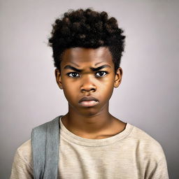 A portrait of a handsome black teenage boy displaying an expression of anger.