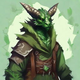 Create a fantasy RPG style artwork of a druid dragonborn with green skin, horns, and wearing nature-inspired clothes.