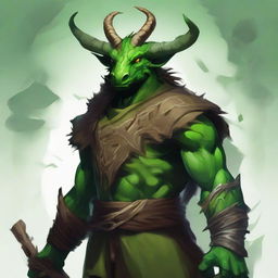 Create a fantasy RPG style artwork of a druid dragonborn with green skin, horns, and wearing nature-inspired clothes.