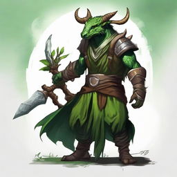 Create a fantasy RPG style artwork of a druid dragonborn with green skin, horns, and wearing nature-inspired clothes.