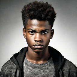 A portrait of a handsome black teenage boy, the furrowed brows and tensed jaw conveying a clear sense of anger.