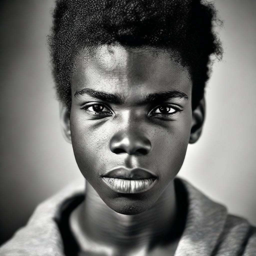 A portrait of a handsome black teenage boy, the furrowed brows and tensed jaw conveying a clear sense of anger.