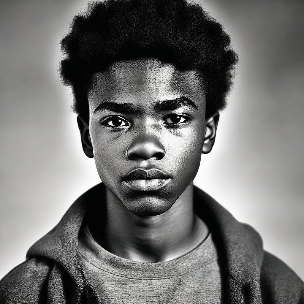 A portrait of a handsome black teenage boy, the furrowed brows and tensed jaw conveying a clear sense of anger.