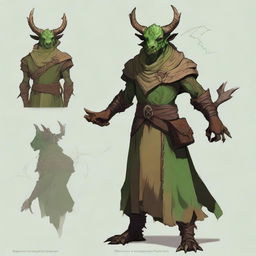 Create an RPG-styled art of a dragonborn druid with green skin, horns, and wearing natural, earth toned clothing.