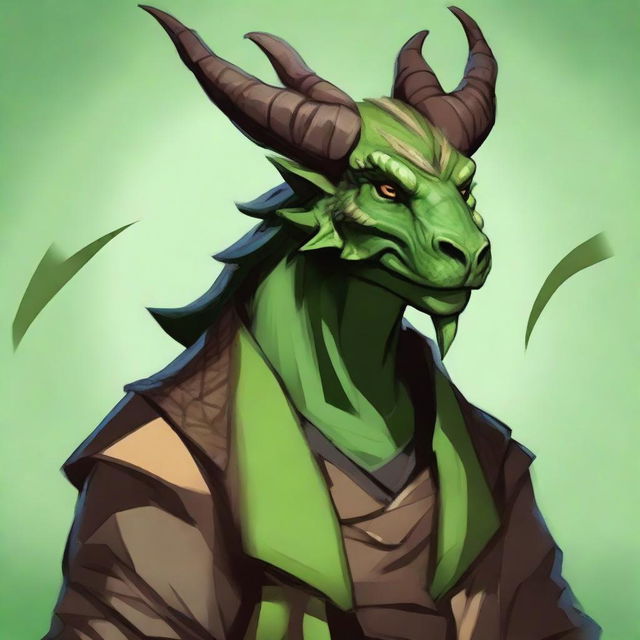 Create an RPG-styled art of a dragonborn druid with green skin, horns, and wearing natural, earth toned clothing.