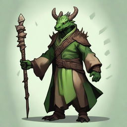 Create an RPG-styled art of a dragonborn druid with green skin, horns, and wearing natural, earth toned clothing.