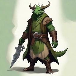 Create an RPG-styled art of a dragonborn druid with green skin, horns, and wearing natural, earth toned clothing.