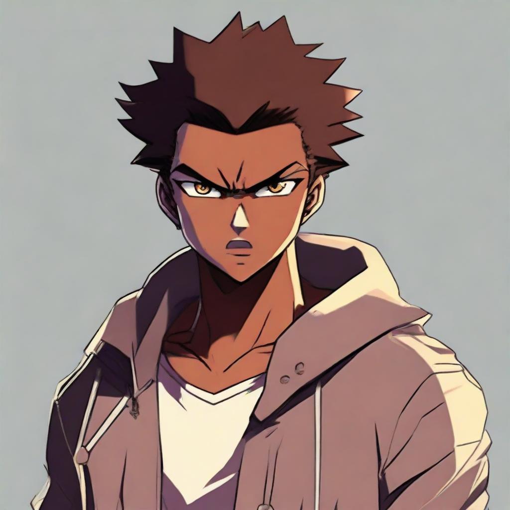 A handsome anime-style teenager with dark skin expressing anger.