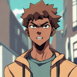 A handsome anime-style teenager with dark skin expressing anger.