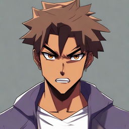 A handsome anime-style teenager with dark skin expressing anger.