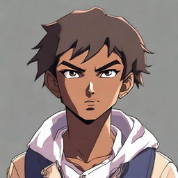 A handsome anime-style dark-skinned teenage boy looking angry yet with a contrasting smile on his face.