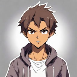 A handsome anime-style dark-skinned teenage boy looking angry yet with a contrasting smile on his face.