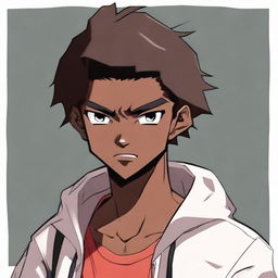 A handsome anime-style dark-skinned teenage boy looking angry yet with a contrasting smile on his face.