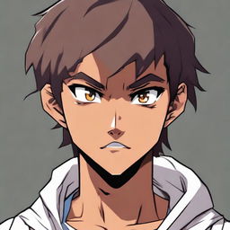 A handsome anime-style dark-skinned teenage boy looking angry yet with a contrasting smile on his face.