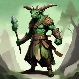 Create a fantasy RPG style artwork of a druid dragonborn with green skin, horns, wearing natural, earthy clothing, and holding a spear.