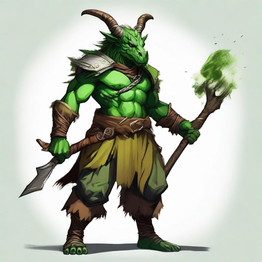 Create a fantasy RPG style artwork of a druid dragonborn with green skin, horns, wearing natural, earthy clothing, and holding a spear.