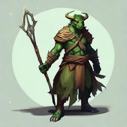 Create a fantasy RPG style artwork of a druid dragonborn with green skin, horns, wearing natural, earthy clothing, and holding a spear.