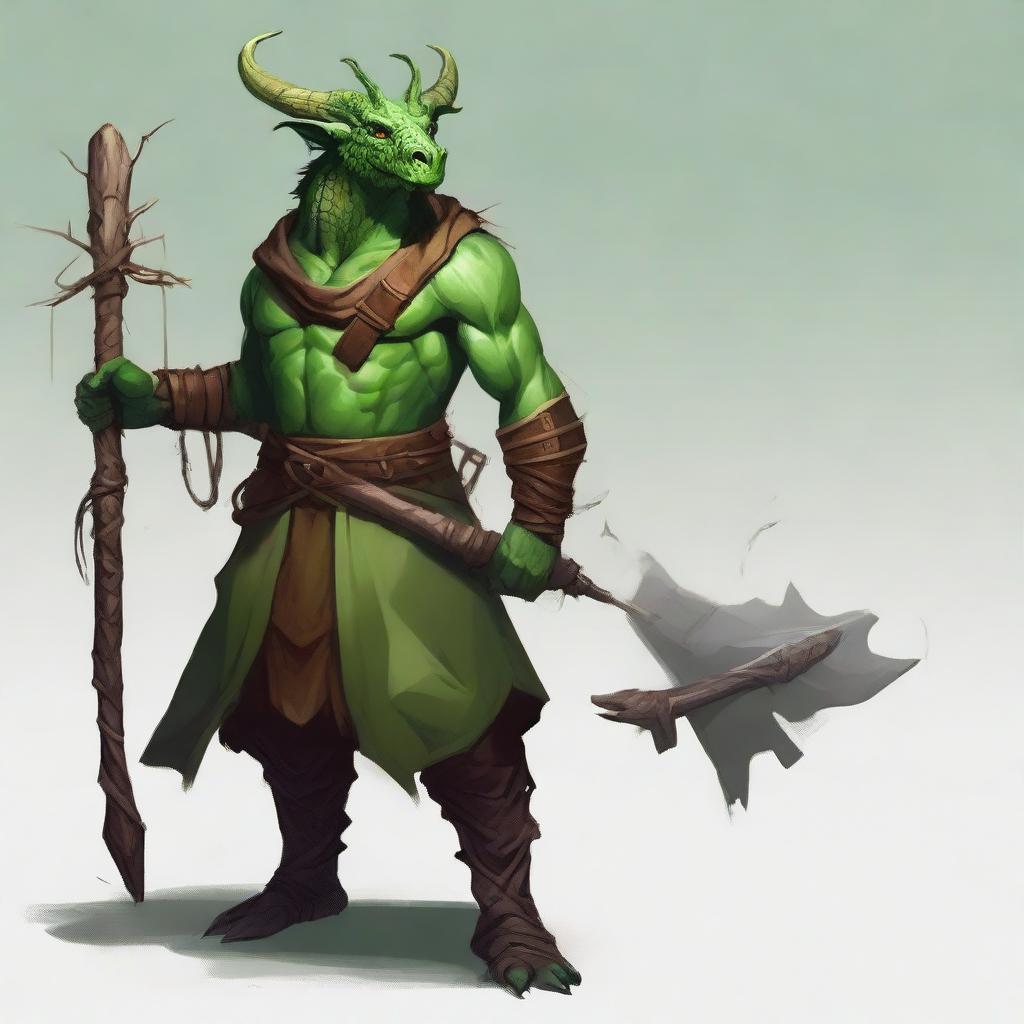 Create a fantasy RPG style artwork of a druid dragonborn with green skin, horns, wearing natural, earthy clothing, and holding a spear.