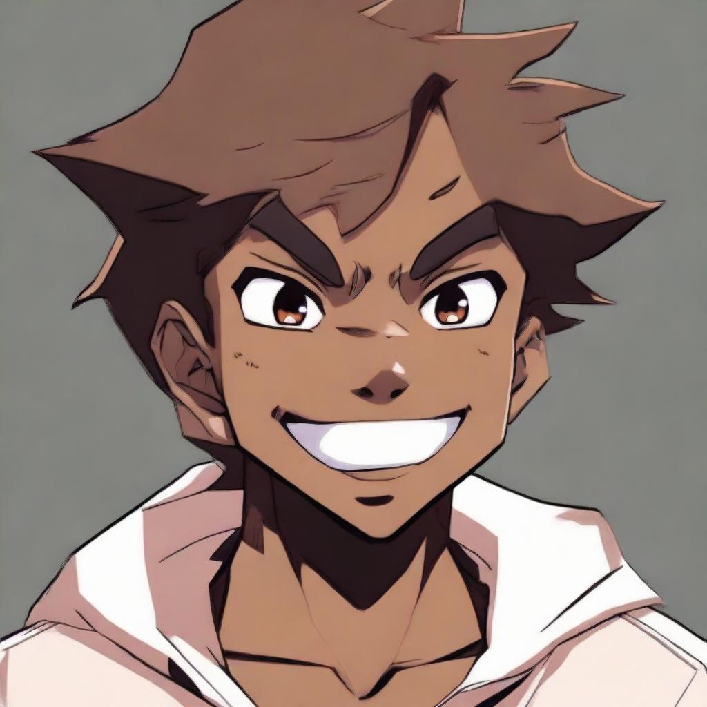 A handsome anime-style dark-skinned teenage boy displaying a paradoxical emotion of anger with a conspicuously large smile on his face.