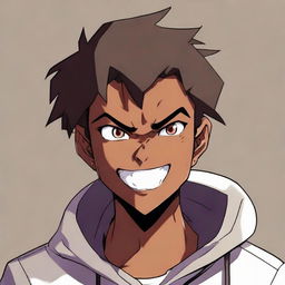 A handsome anime-style dark-skinned teenage boy displaying a paradoxical emotion of anger with a conspicuously large smile on his face.