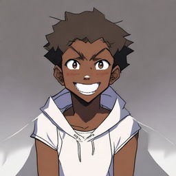 A handsome anime-style dark-skinned teenage boy displaying a paradoxical emotion of anger with a conspicuously large smile on his face.