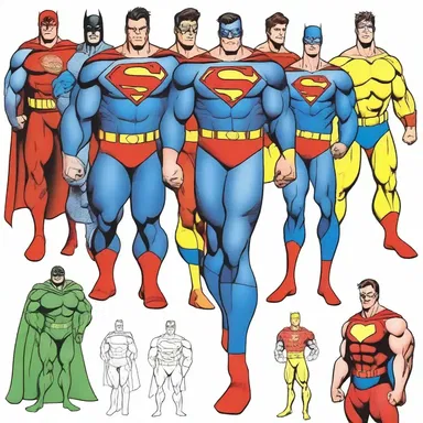 The conventional representation of superheroes in comics often includes muscular physiques and colorful costumes.