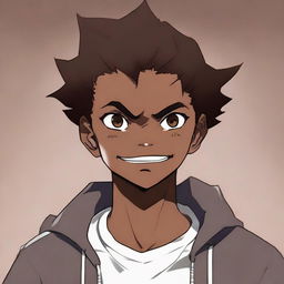 A handsome anime-style dark-skinned teenage boy displaying a paradoxical emotion of anger with a conspicuously large smile on his face.