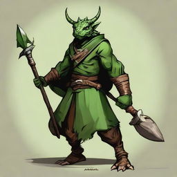 Create an RPG-styled art of a green-skinned, horned dragonborn druid wearing earthy clothes and wielding a spear.