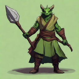 Create an RPG-styled art of a green-skinned, horned dragonborn druid wearing earthy clothes and wielding a spear.