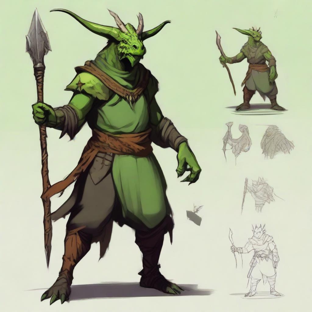 Create an RPG-styled art of a green-skinned, horned dragonborn druid wearing earthy clothes and wielding a spear.