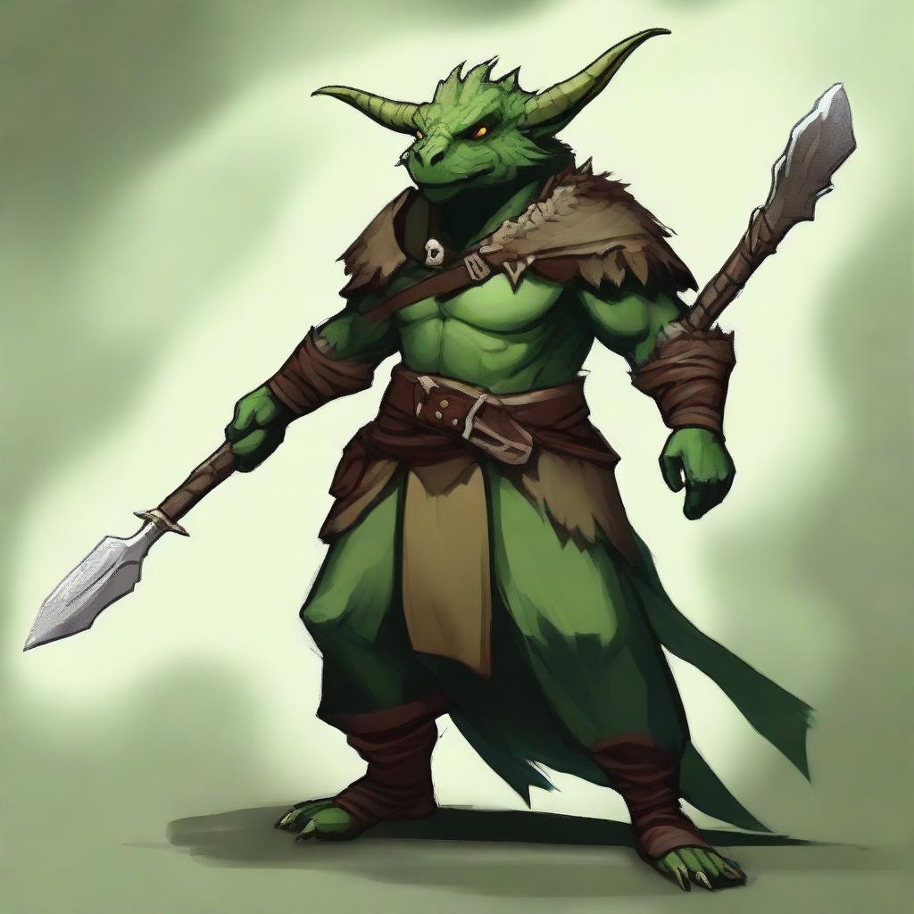 Create an RPG-styled art of a green-skinned, horned dragonborn druid wearing earthy clothes and wielding a spear.