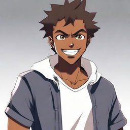 A handsome, anime-style dark-skinned teenage boy appearing notably angry, yet sporting a paradoxically large, cheerful smile on his face.