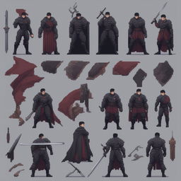 A detailed pixel art sprite sheet of Guts from the Berserk series, designed in the style of SNES games