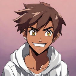 A handsome, anime-style dark-skinned teenage boy appearing notably angry, yet sporting a paradoxically large, cheerful smile on his face.