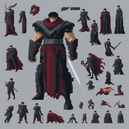 A detailed pixel art sprite sheet of Guts from the Berserk series, designed in the style of SNES games