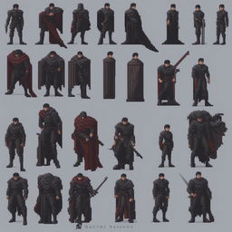 A detailed pixel art sprite sheet of Guts from the Berserk series, designed in the style of SNES games