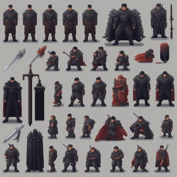 A detailed pixel art sprite sheet of Guts from the Berserk series, designed in the style of SNES games