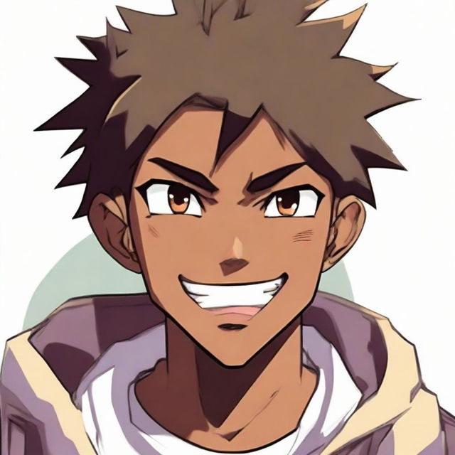 A handsome, anime-style dark-skinned teenage boy appearing notably angry, yet sporting a paradoxically large, cheerful smile on his face.