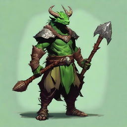 Generate an RPG art of a dragonborn druid with green skin, horns, wearing nature-inspired clothing, and brandishing a spear.