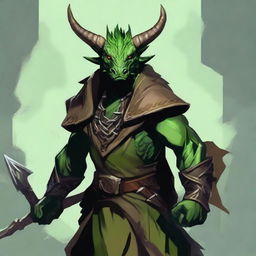 Generate an RPG art of a dragonborn druid with green skin, horns, wearing nature-inspired clothing, and brandishing a spear.