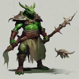 Generate an RPG art of a dragonborn druid with green skin, horns, wearing nature-inspired clothing, and brandishing a spear.