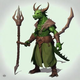 Generate an RPG art of a dragonborn druid with green skin, horns, wearing nature-inspired clothing, and brandishing a spear.