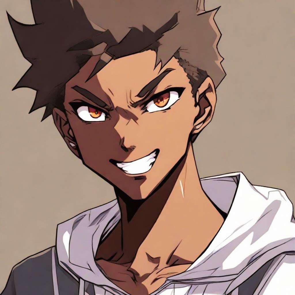 A handsome anime-style dark-skinned teenage boy exhibiting a striking contrast of expressing intense anger with a smug smile on his face.