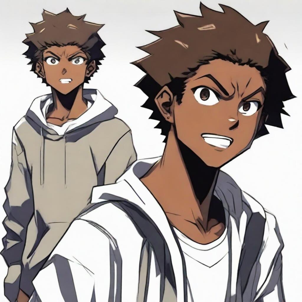 A handsome anime-style dark-skinned teenage boy exhibiting a striking contrast of expressing intense anger with a smug smile on his face.