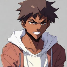 A handsome anime-style dark-skinned teenage boy exhibiting a striking contrast of expressing intense anger with a smug smile on his face.