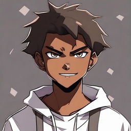 A handsome anime-style dark-skinned teenage boy exhibiting a striking contrast of expressing intense anger with a smug smile on his face.