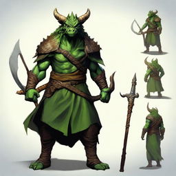 Create a fantasy RPG art of a dragonborn druid with green skin, horns, wearing natural, earthy clothing, and holding a spear.