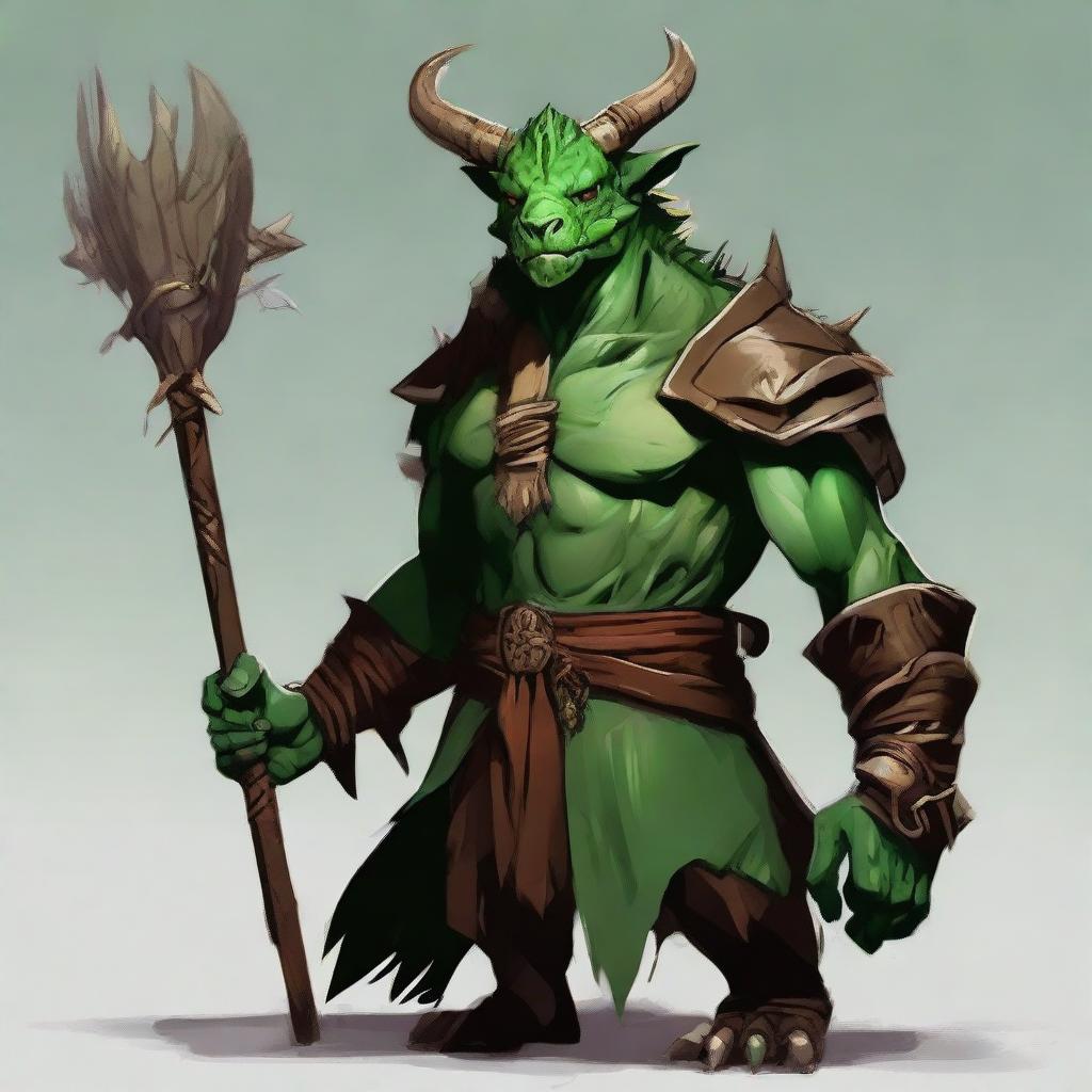 Create a fantasy RPG art of a dragonborn druid with green skin, horns, wearing natural, earthy clothing, and holding a spear.